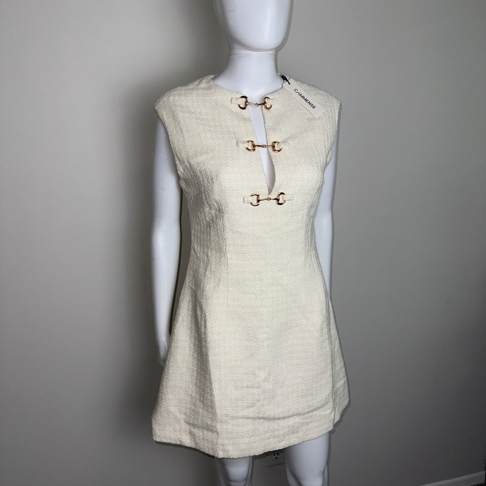 Commense Tweed Mini Dress Sleeveless Gold Buckle Detail Ivory Party Cocktail M - Picture 17 of 17